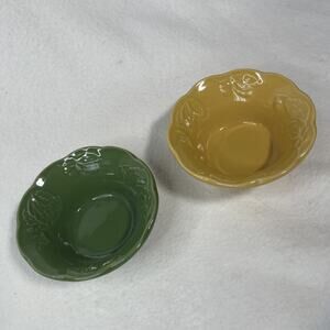 Sur La Table Bowls Set of 2 Scalloped Edge Raised Olive Branch Green, And Yellow